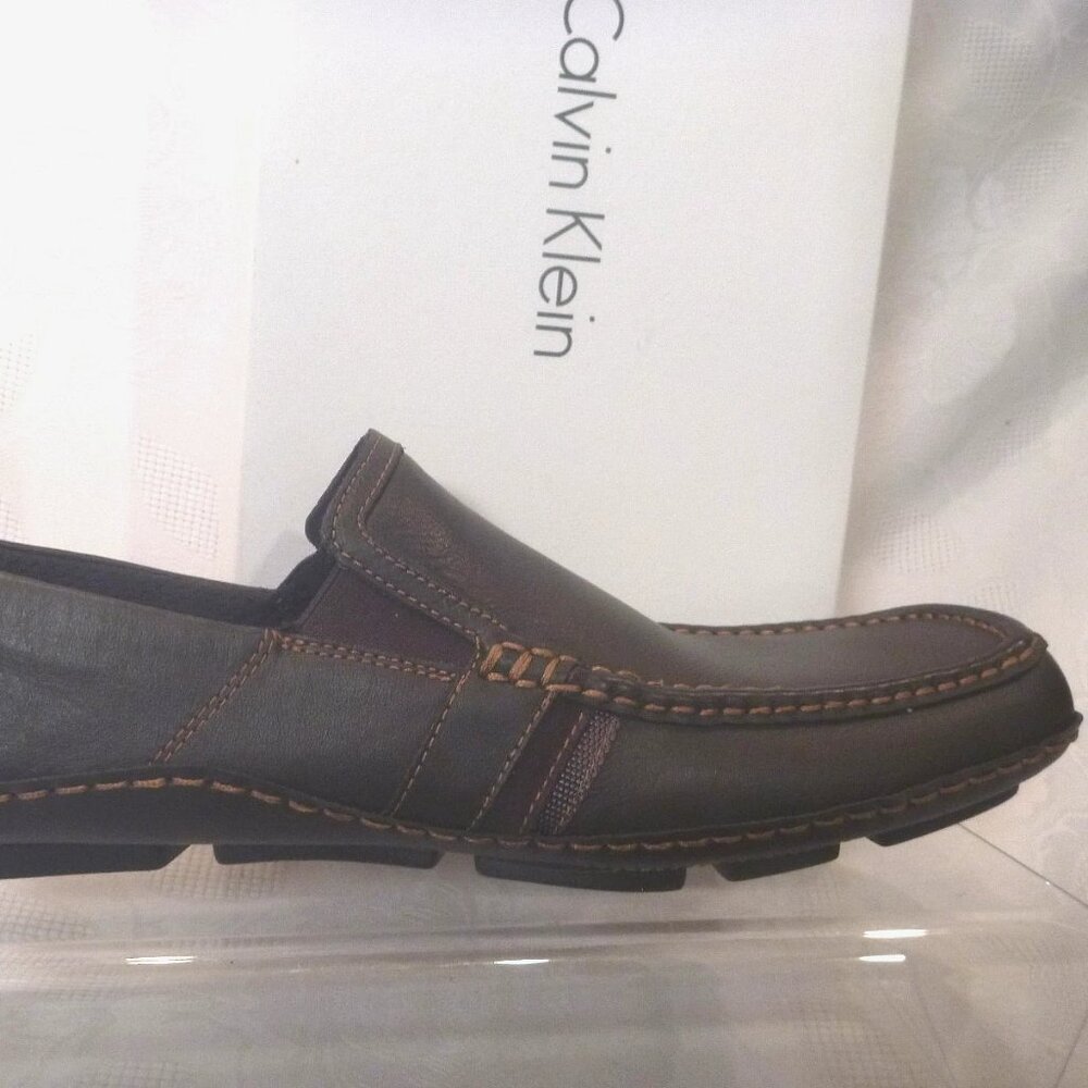 New Calvin Klein Men 13 M Driver Loafer Shoe Moccasin Brown Leather Nappa